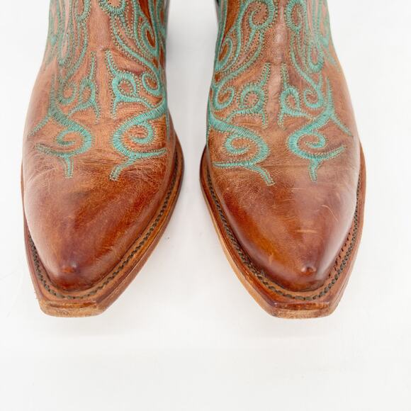 Lucchese Women’s 11 Cognac Leather Teal Stitch Studded Pointed Toe Cowgirl Boots - Picture 6 of 12